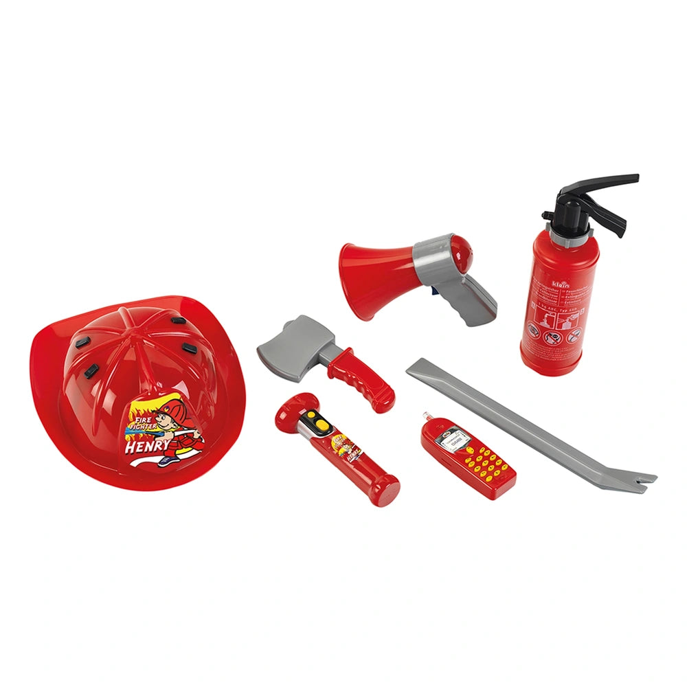 Theo Klein firefighter set includes a red helmet and multiple red fire extinguishers with black and yellow labels.