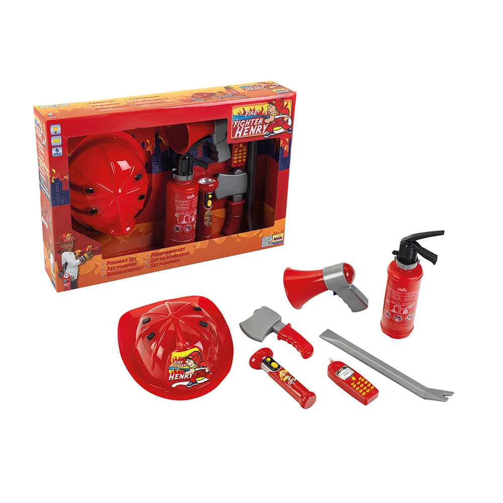 Theo Klein firefighter set includes 7 red and yellow plastic components, packaged in a glossy cardboard box.