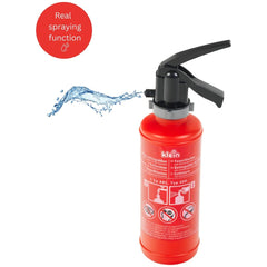 Theo Klein firefighter set includes a red bottle with a black cap and nozzle, featuring blue liquid and "Real spraying functi
