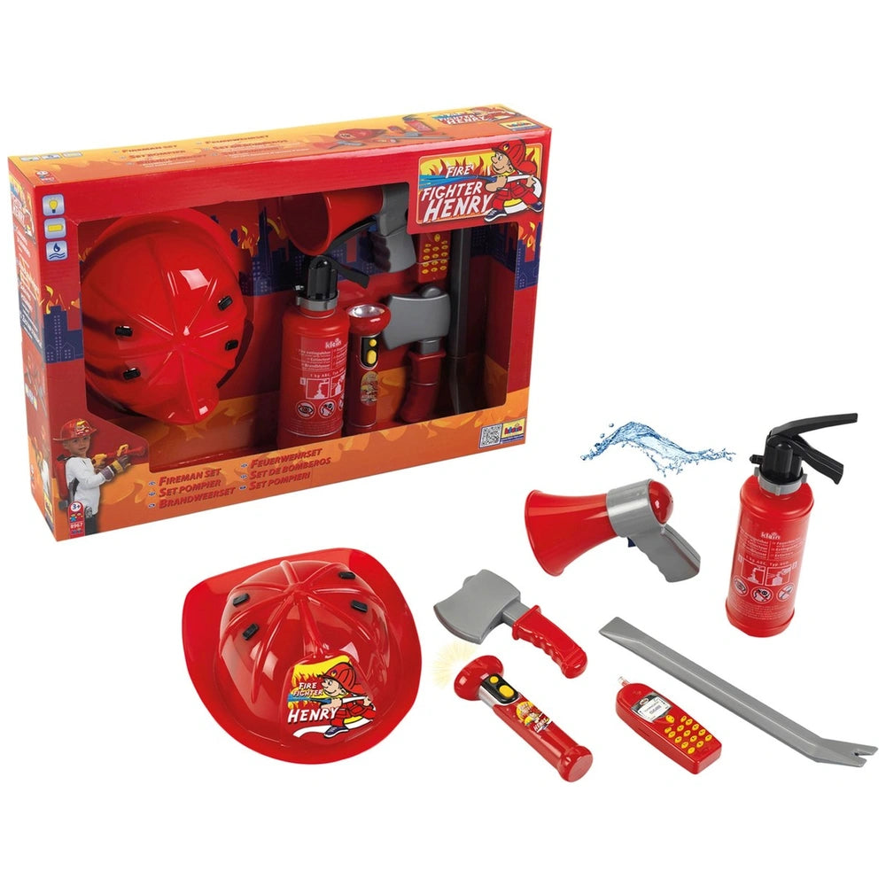 Theo Klein firefighter set with toy fire truck, red accessories, and glossy cardboard packaging featuring a clear plastic win