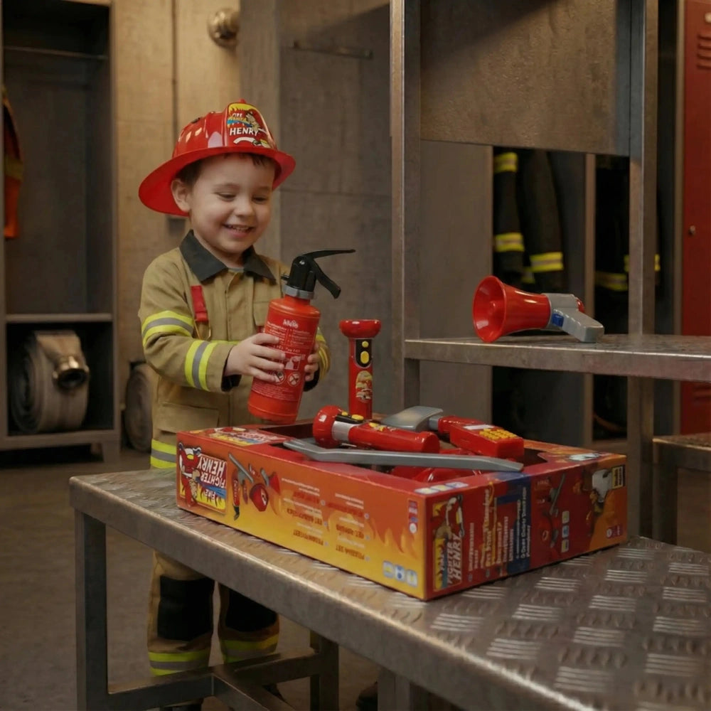 Child wearing a red helmet and yellow firefighting suit, surrounded by firefighting tools and equipment in a vibrant setting.