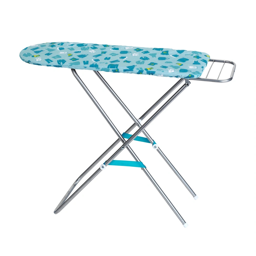 Theo Klein metal ironing board with a blue patterned fabric surface and silver frame, designed for pretend professions and ro