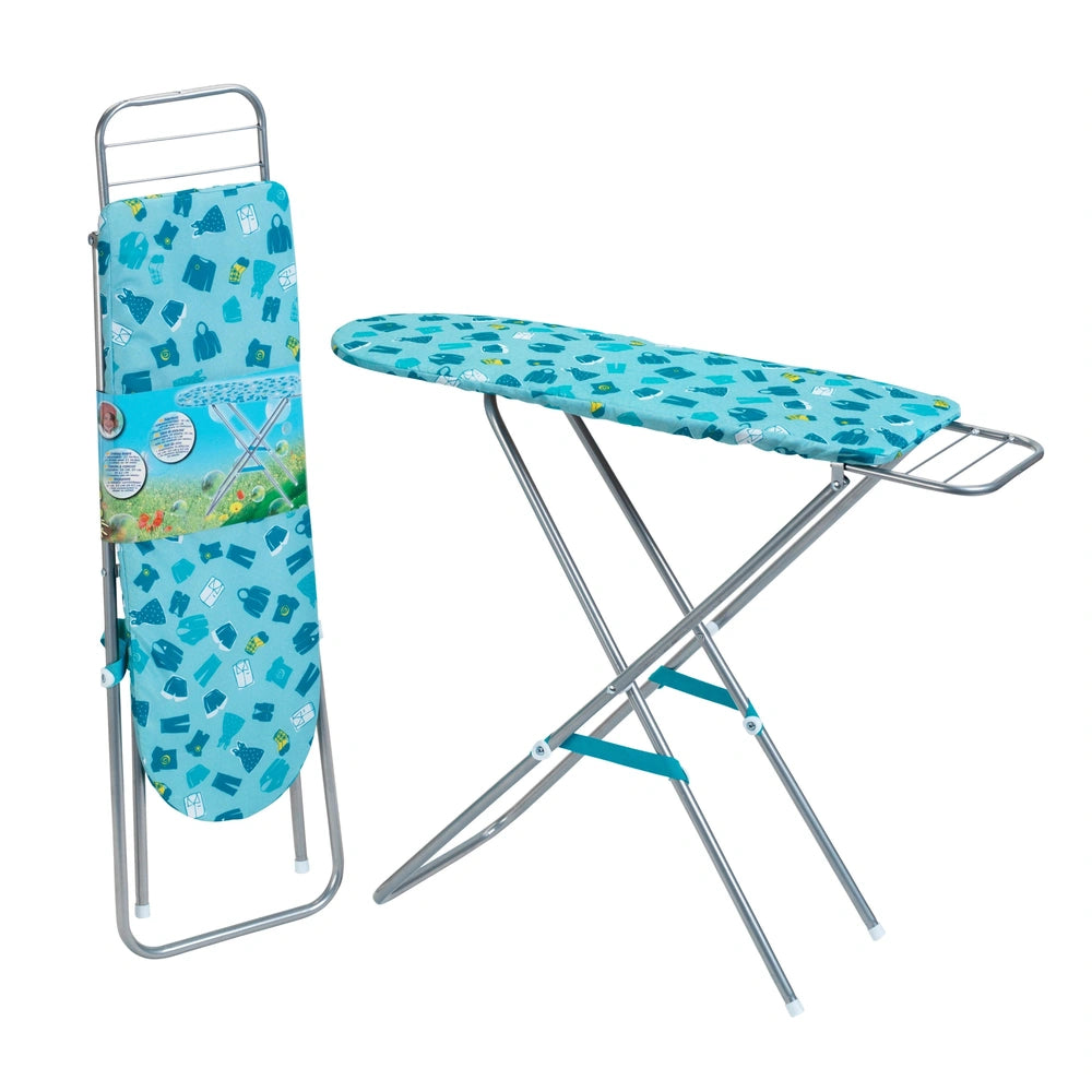 Theo Klein metal ironing board with blue and white patterned fabric, foldable design, and silver stand with locking mechanism