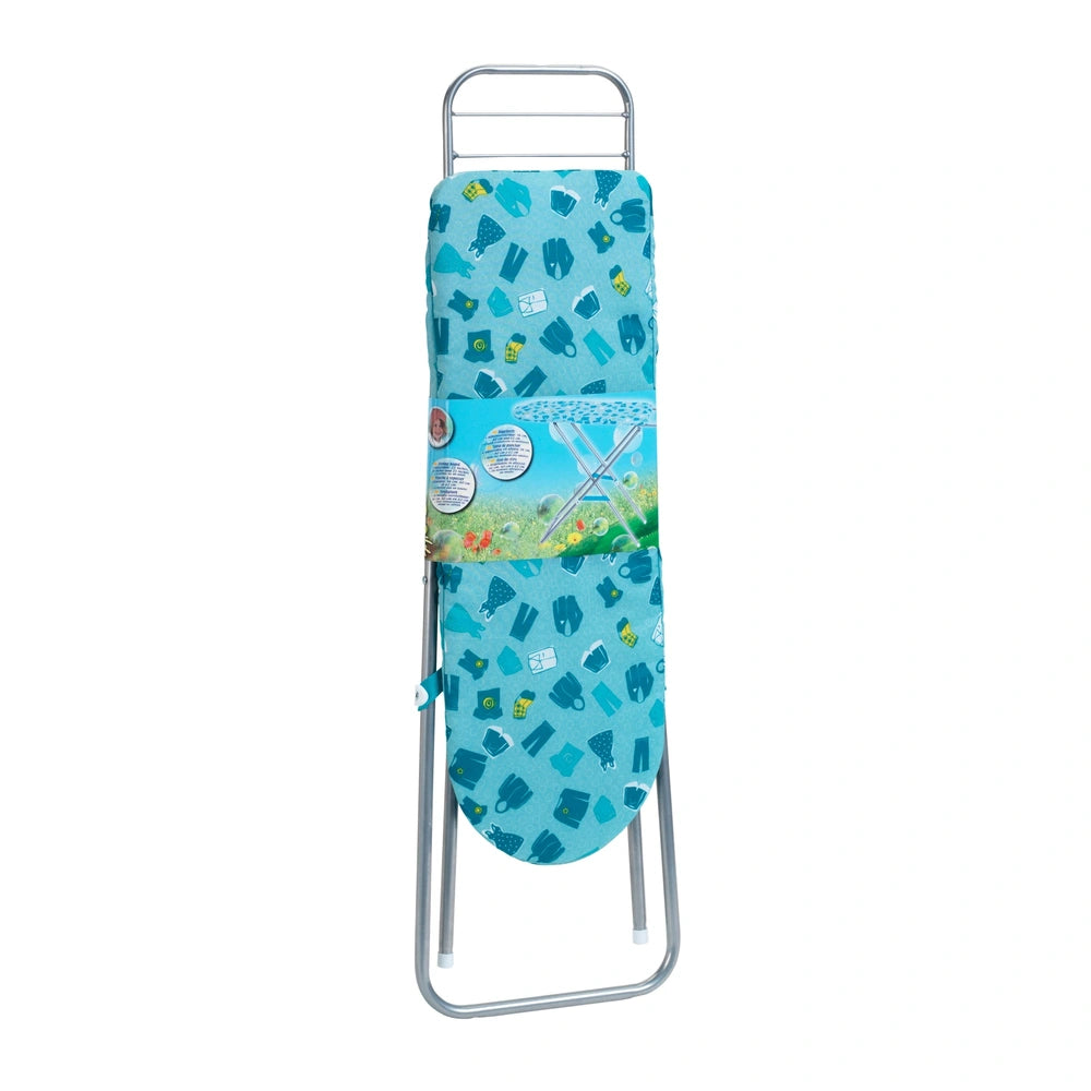 Theo Klein metal ironing board features a blue background with object patterns, front pocket, handle, and cup, spoon, fork gr