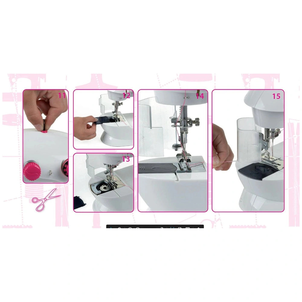 Theo Klein kids sewing machine in white with pink button, featuring clear plastic components and metal needle for arts and cr