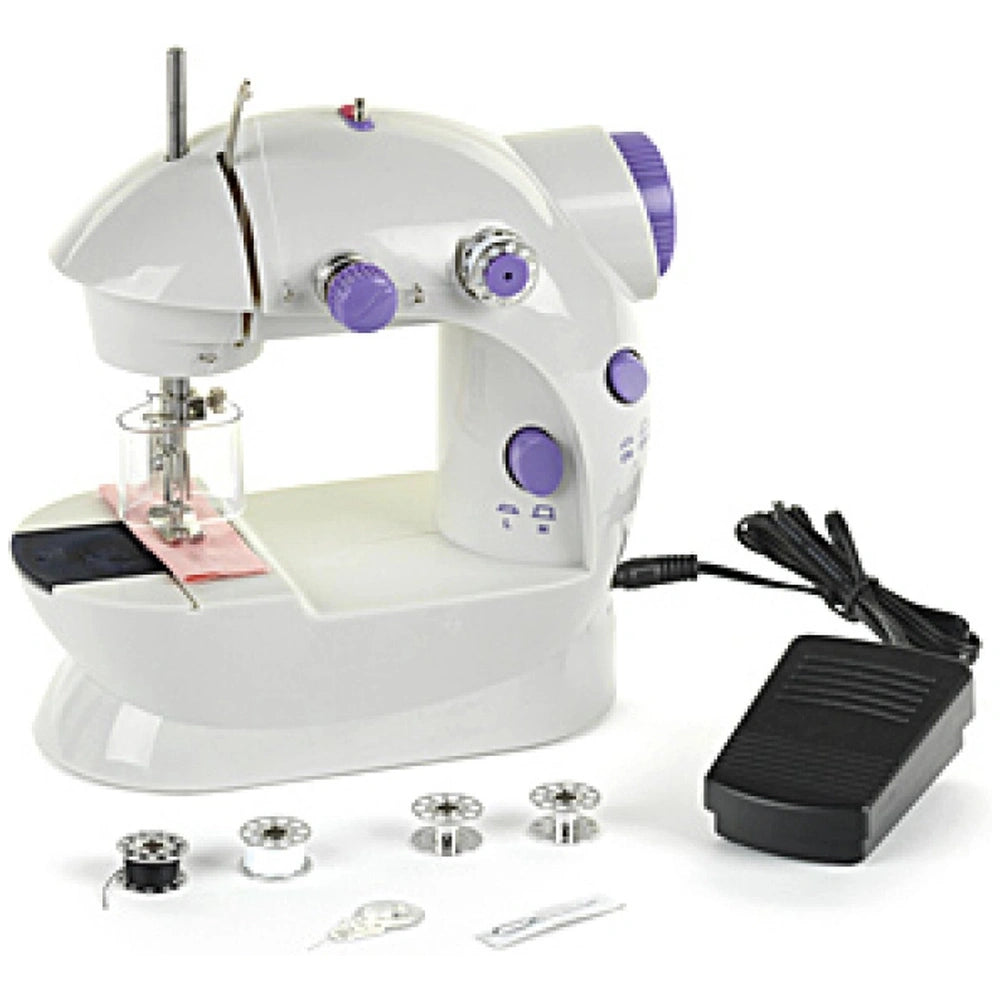 Theo Klein kids sewing machine in white with purple knobs and black cords, featuring silver needles, centered in the image.