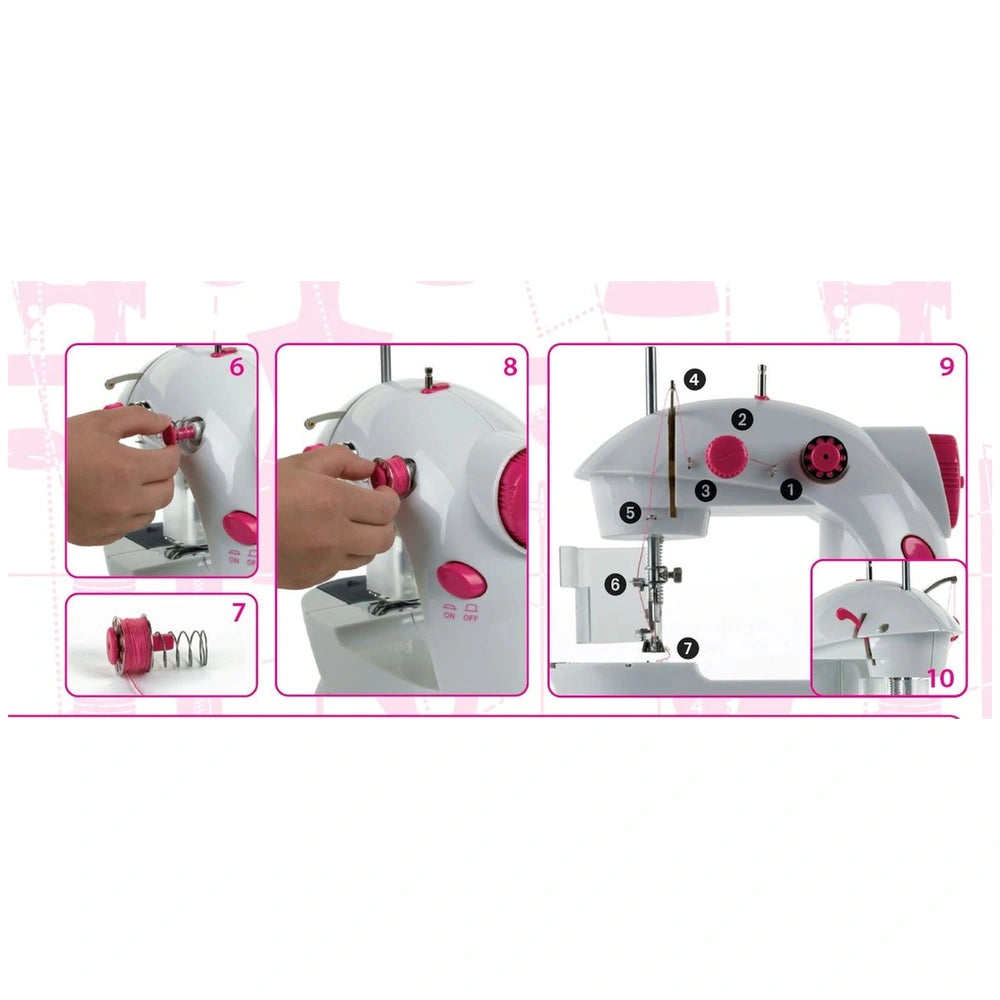 Theo Klein kids sewing machine with a white body, pink knobs, and a spool of thread for arts and crafts activities.