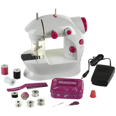 Theo Klein kids sewing machine in white with red buttons, black base, and multiple clear plastic components for arts and craf