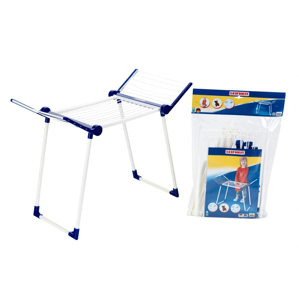 Theo Klein Leifheit drying rack with white plastic frame, blue mesh fabric, and transparent packaging featuring child-friendl