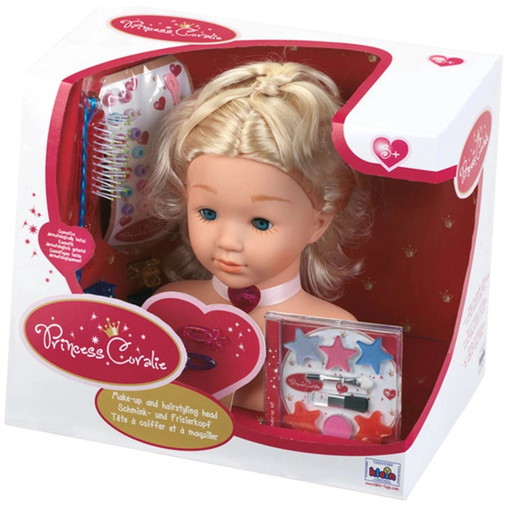 Theo Klein Make-Up and Hairstyling Head Little Sophia in red cardboard packaging with a transparent, glossy window showcasing