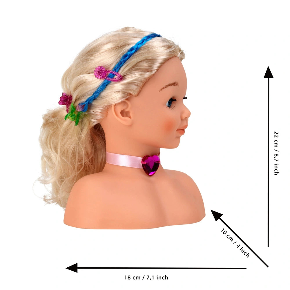 Theo Klein Make-Up and Hairstyling Head Little Sophia features blonde hair, a blue headband, pink collar, and purple choker.