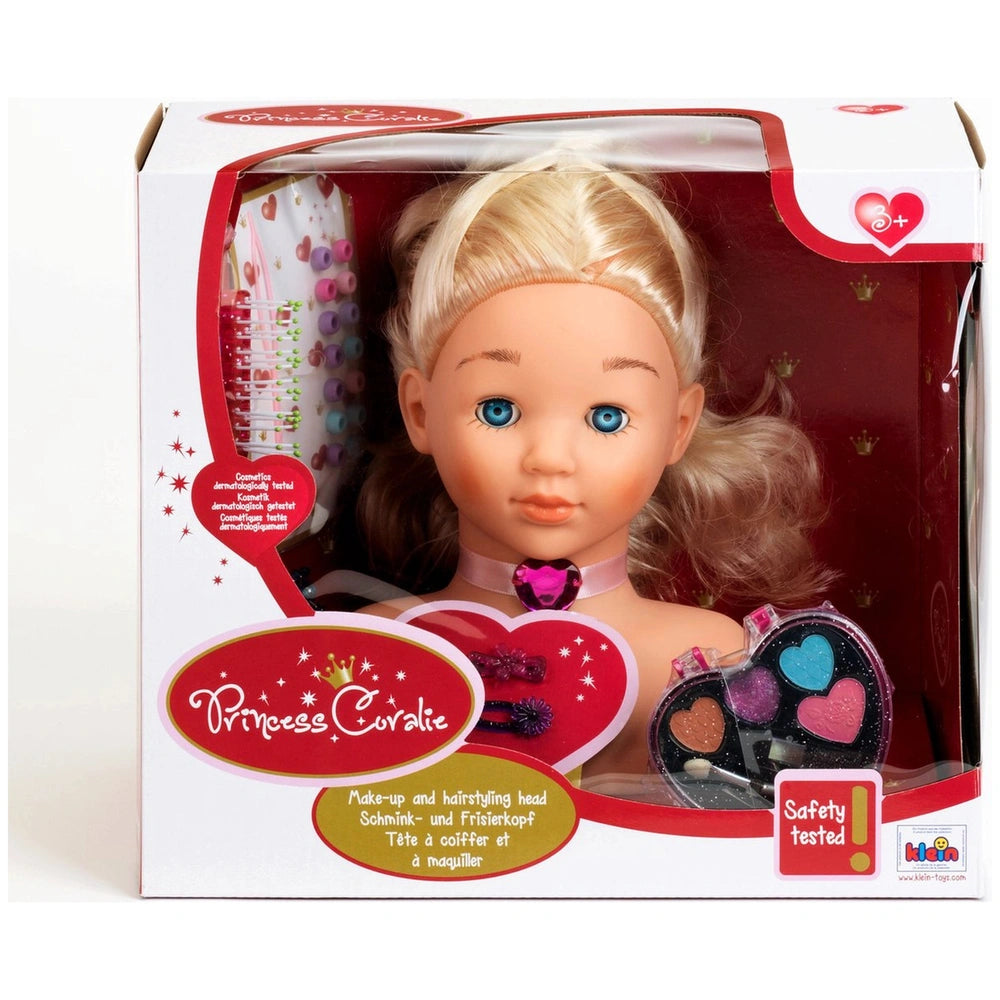 Theo Klein Make-Up and Hairstyling Head Little Sophia in a red and white box with a blonde doll wearing a pink crown and hear
