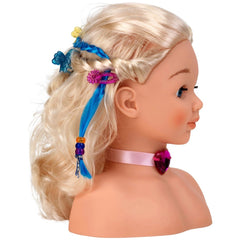 Theo Klein Make-Up And Hairstyling Head Little Sophia features a blonde hairstyle adorned with various colorful flower ribbon