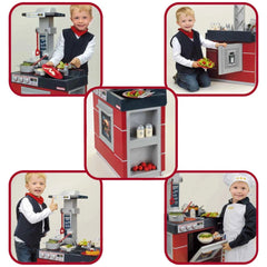 Theo Klein Miele kitchen set with metallic red and black appliances, child in a red bandana and black vest playing.