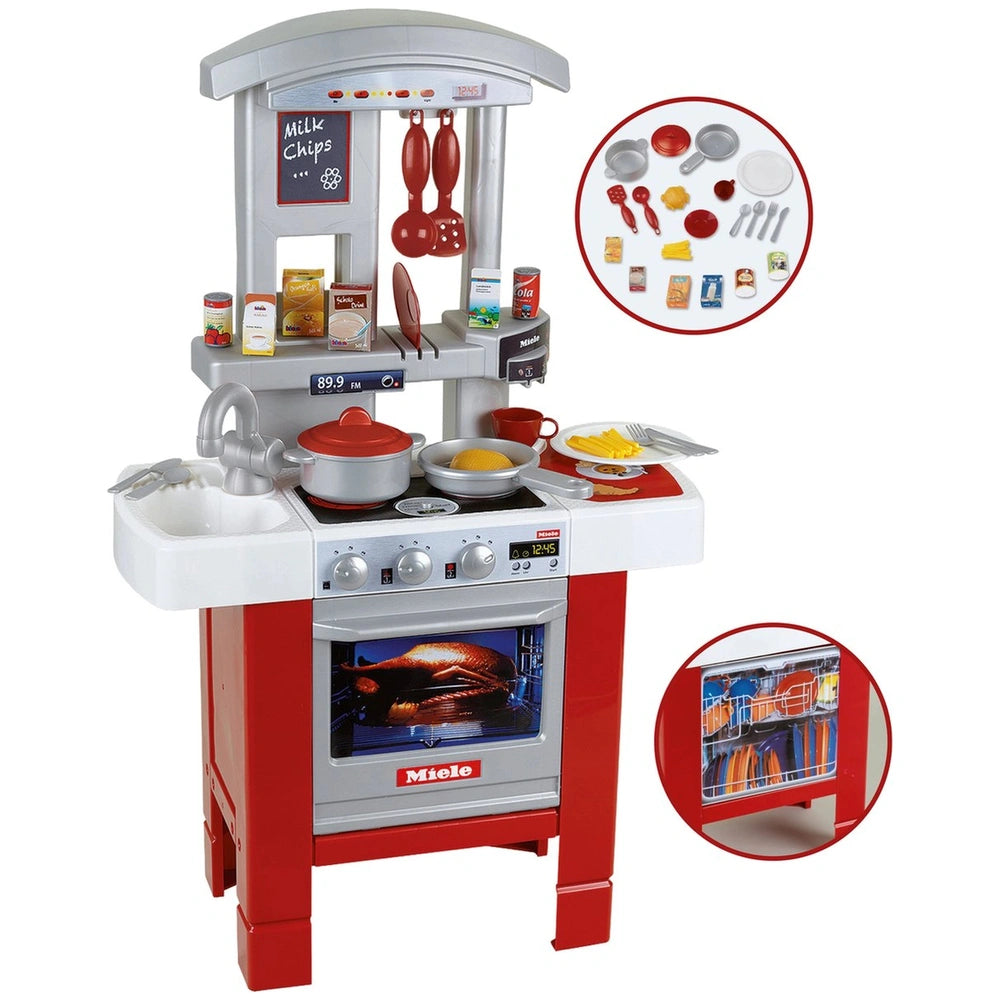 Theo Klein Miele kitchen starter set in red and white plastic featuring an oven, stove, sink, refrigerator, and microwave.
