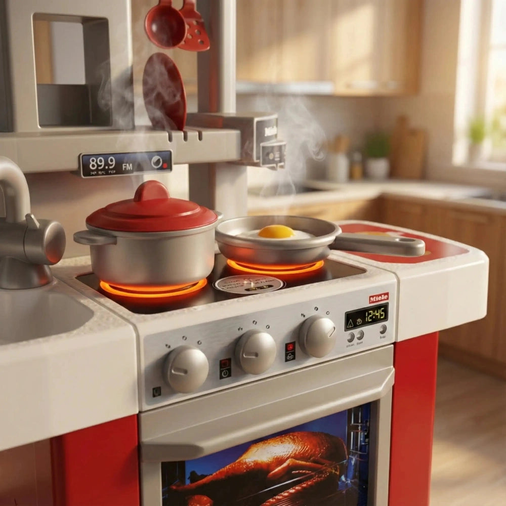 Theo Klein Miele kitchen starter set features a red and white stove with two pots, metallic knobs, and a digital display.
