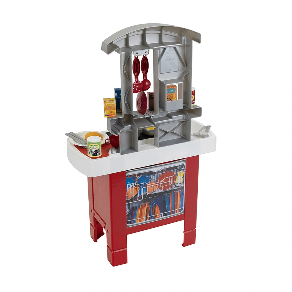 Theo Klein Miele kitchen starter set with red and white plastic bowls, tongs, spoons, cups, and clear plastic window.