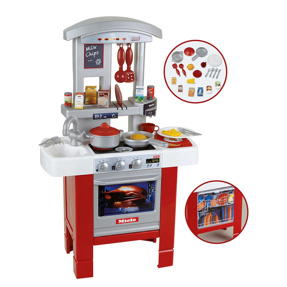 Theo Klein Miele kitchen starter set features a red oven and stove, white sink, and multiple red knobs for realistic play.