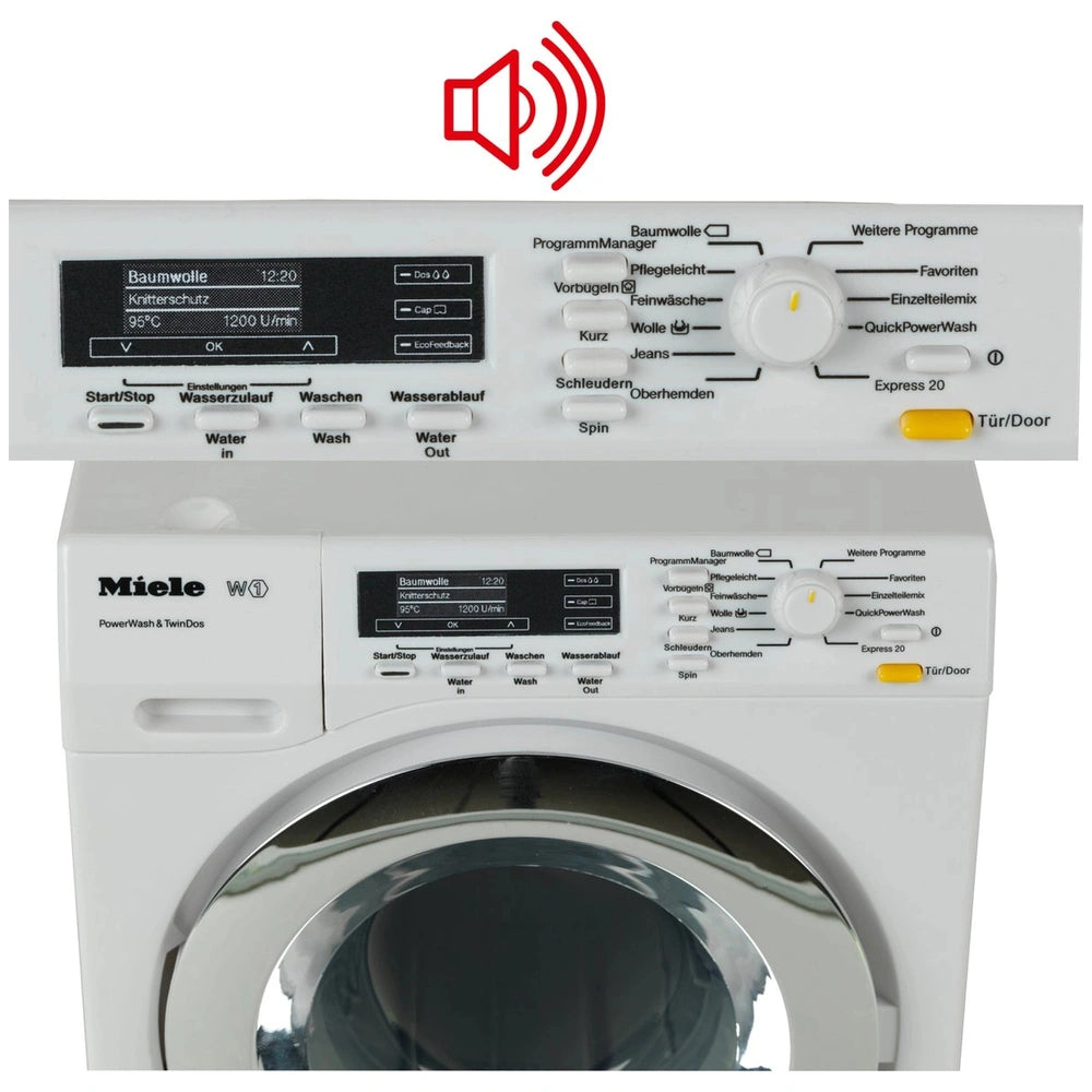 Theo Klein Miele washing machine in white with glossy finish, featuring a control panel with buttons, display screen, and vis