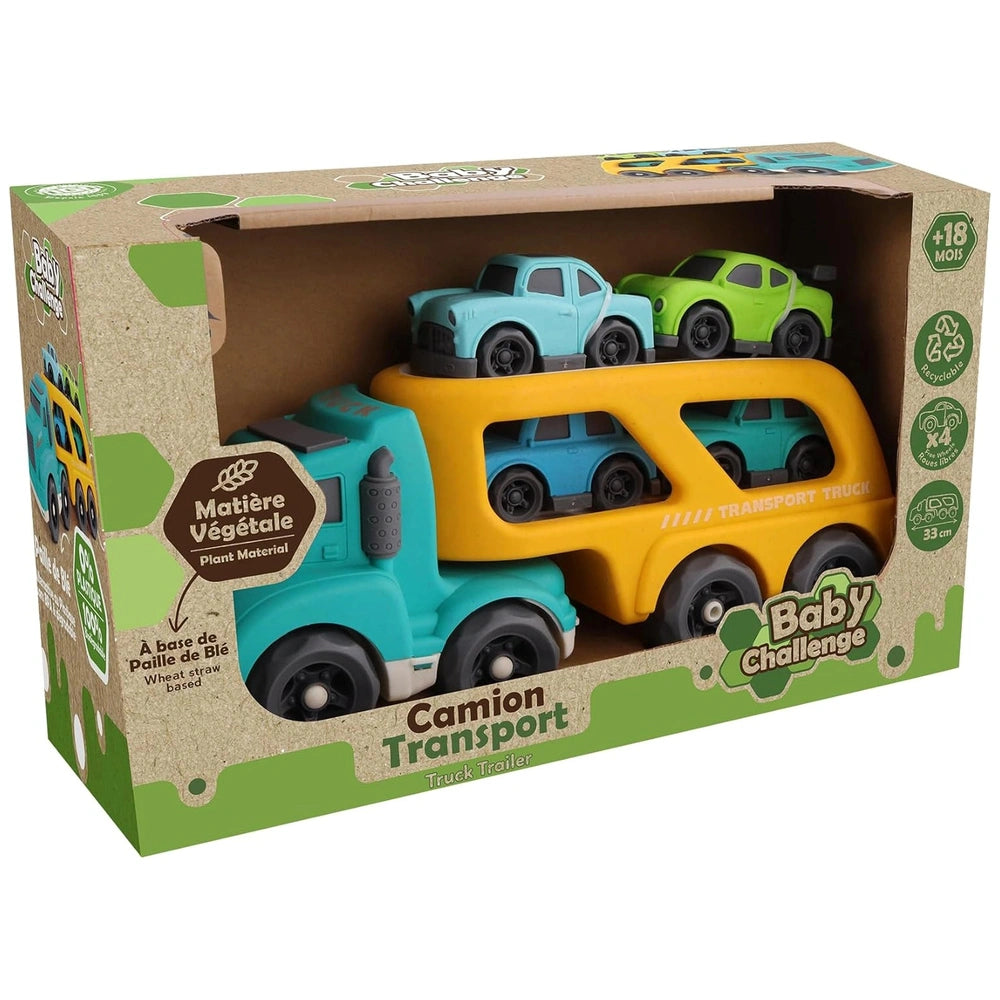 Sustainable car transporter toy set featuring a colorful truck in a brown and green packaging box with a cut-out window.