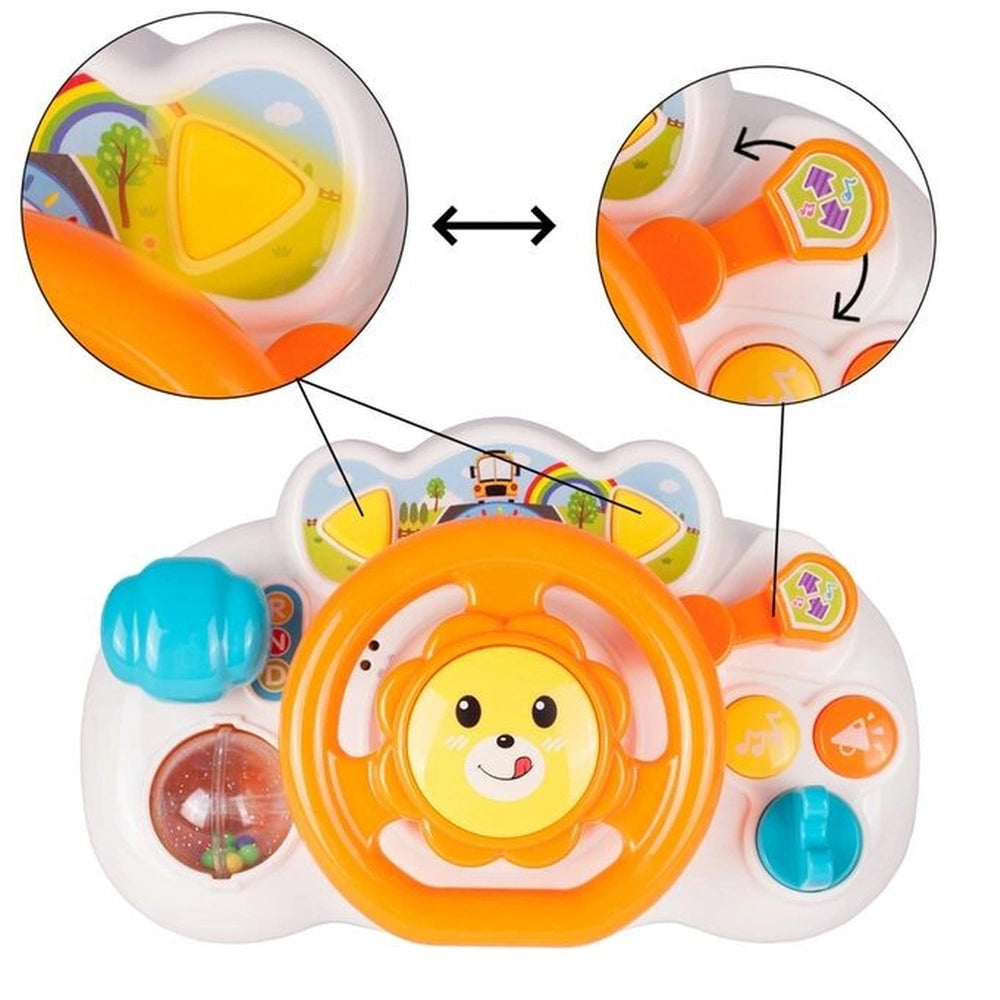 Interactive driving wheel toy in vibrant orange and yellow with a cartoon lion's face and circular cutouts for accessories.