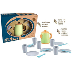Eco Chef set featuring a green teapot, blue cups, and spoons arranged in a pastel kitchen scene.