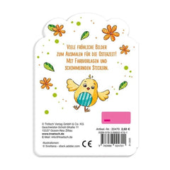TROTSCH Easter Fun Colouring Book tag features a colorful cartoon bird and German text on a smooth white background.
