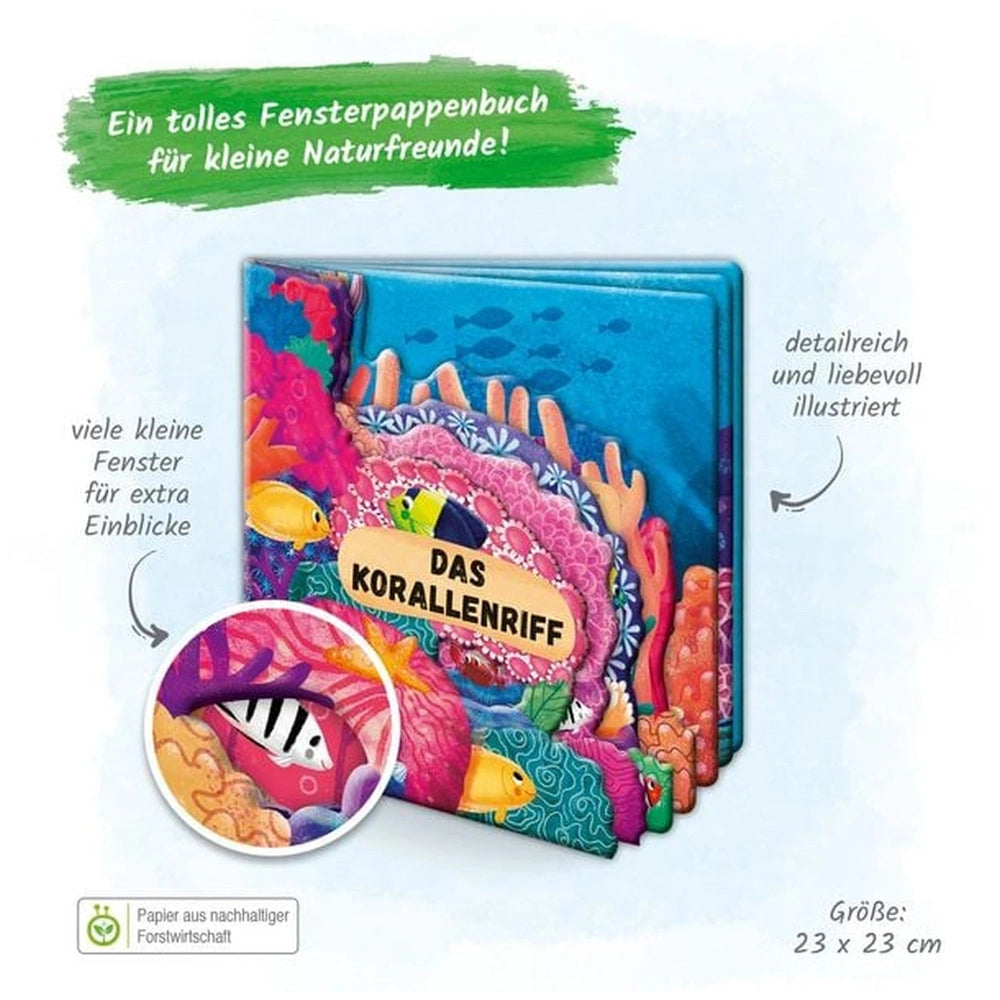 TROTSCH Explorer Book features a colorful coral reef cover with vibrant fish and flowers, inviting young nature enthusiasts.