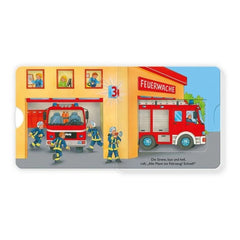 TROTSCH firefighter activity book features a colorful fire station scene with a red fire truck and blue-uniformed firefighter