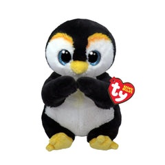 TY - Beanie Bellies Neve black and white penguin plush toy with yellow accents, 20 cm, on a plain white background.