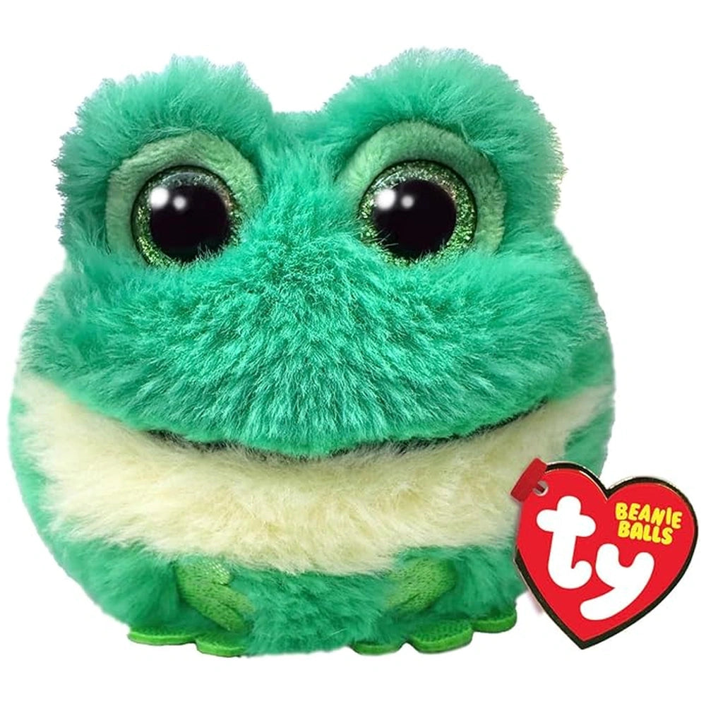 TY - Beanie Bellies Puffies Gilly Green Frog 7 cm plush toy with large eyes, smiling mouth, and heart tag on a white backgrou