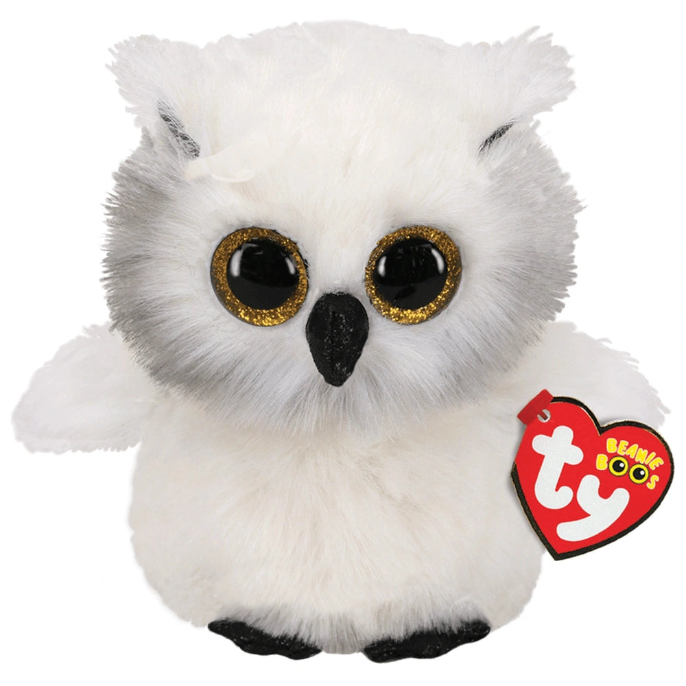 TY Beanie Boos Austin white owl plush toy, 15 cm, featuring white fur, large black eyes, and a heart-shaped tag.