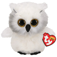 TY Beanie Boos Austin white owl plush toy, 15 cm, featuring white fur, large black eyes, and a heart-shaped tag.