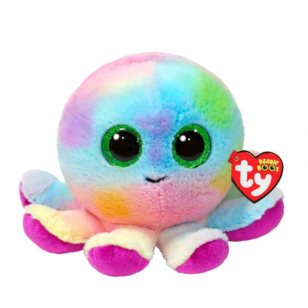 TY - Beanie Boos Bubbles Rainbow Octopus 15 cm plush toy with colorful limbs and large green eyes on a white background.