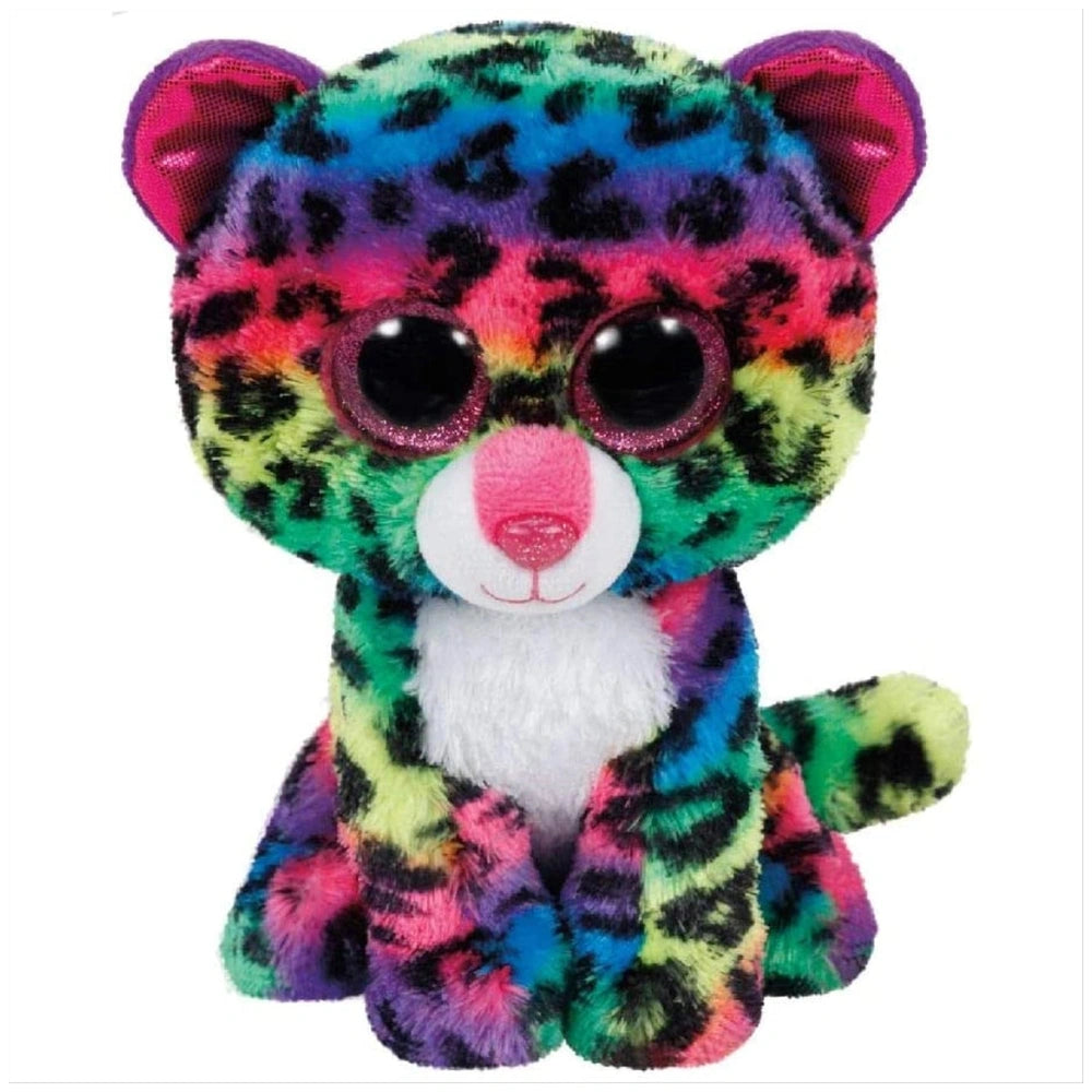 TY - Beanie Boos Dotty is a colorful 15 cm leopard plush toy with vibrant fur, big eyes, and a cute pink nose.