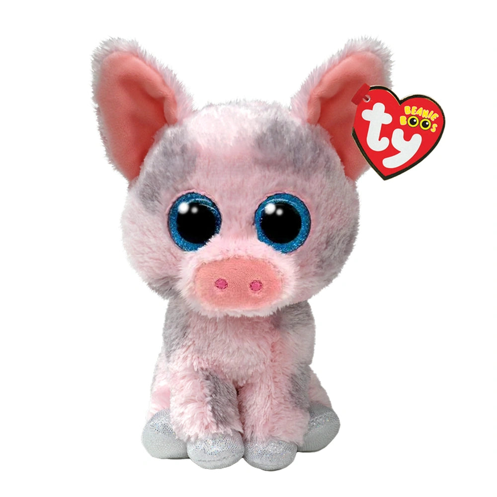 TY - Beanie Boos Hambone is a fluffy pink pig plush with big blue eyes, perfect for children.