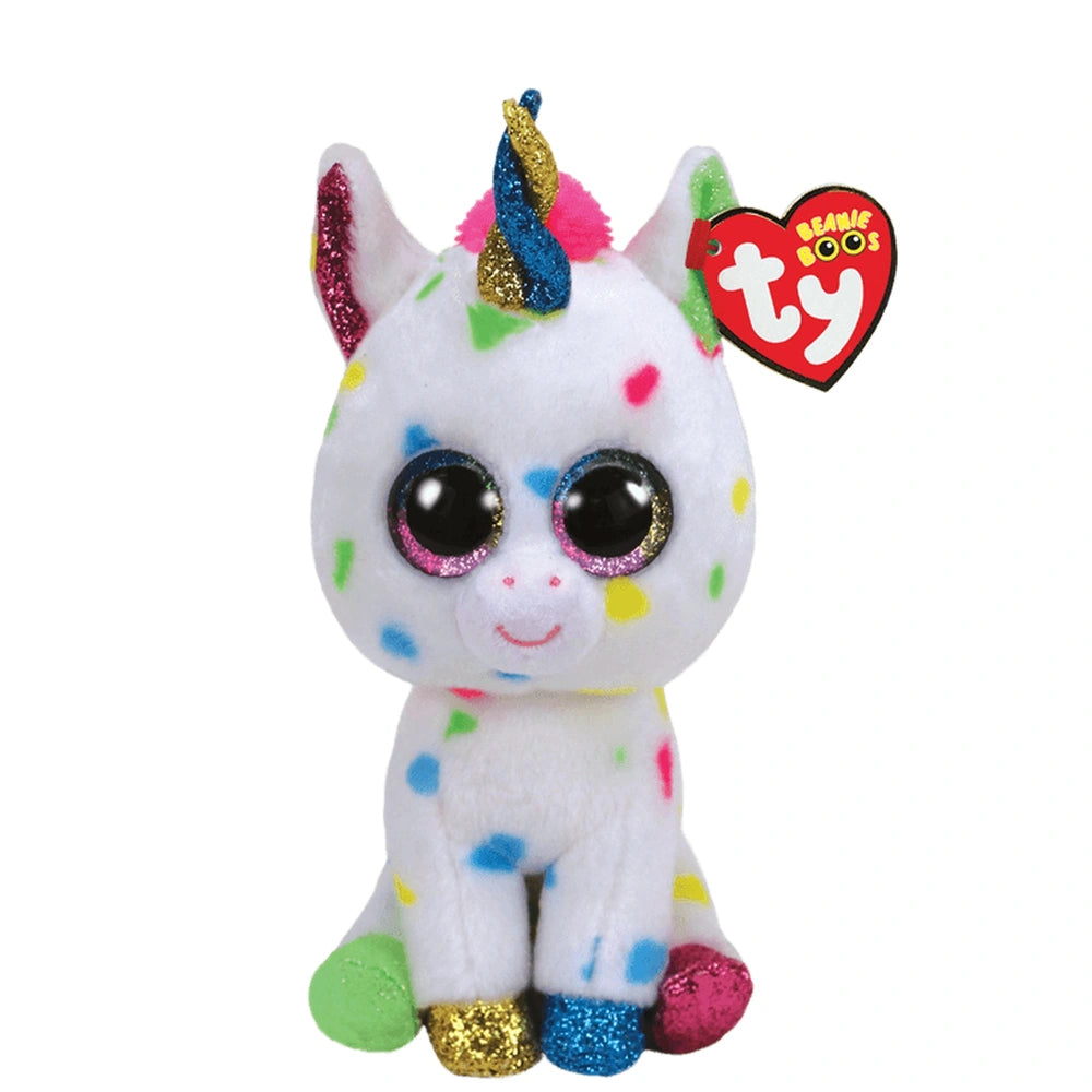 TY - Beanie Boos Harmonie is a colorful unicorn plush with a glittery mane, tail, and accents, sitting upright on a white bac