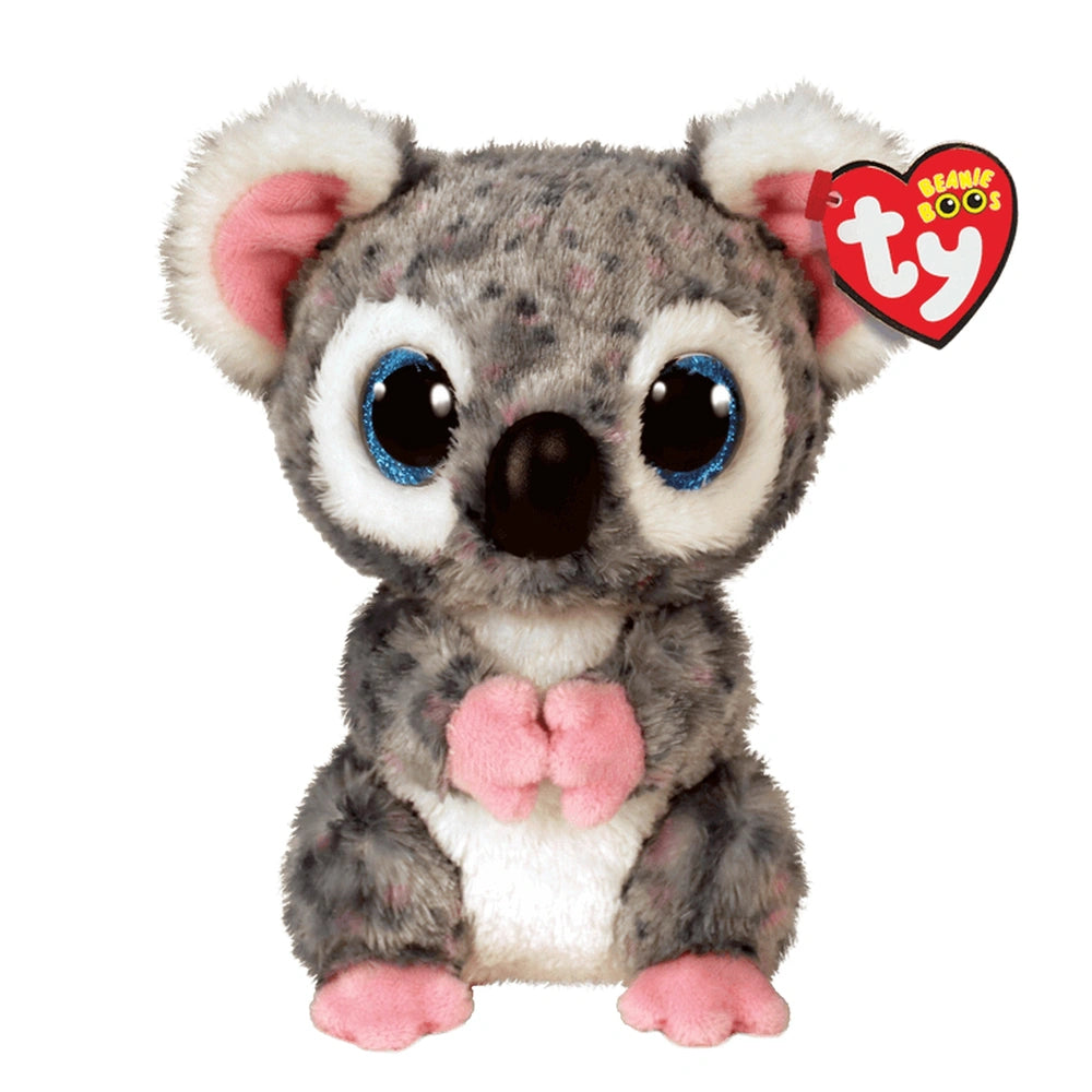 TY Beanie Boos Karli is a 15 cm plush koala with gray fur, large blue eyes, pink paws, and a heart-shaped tag.