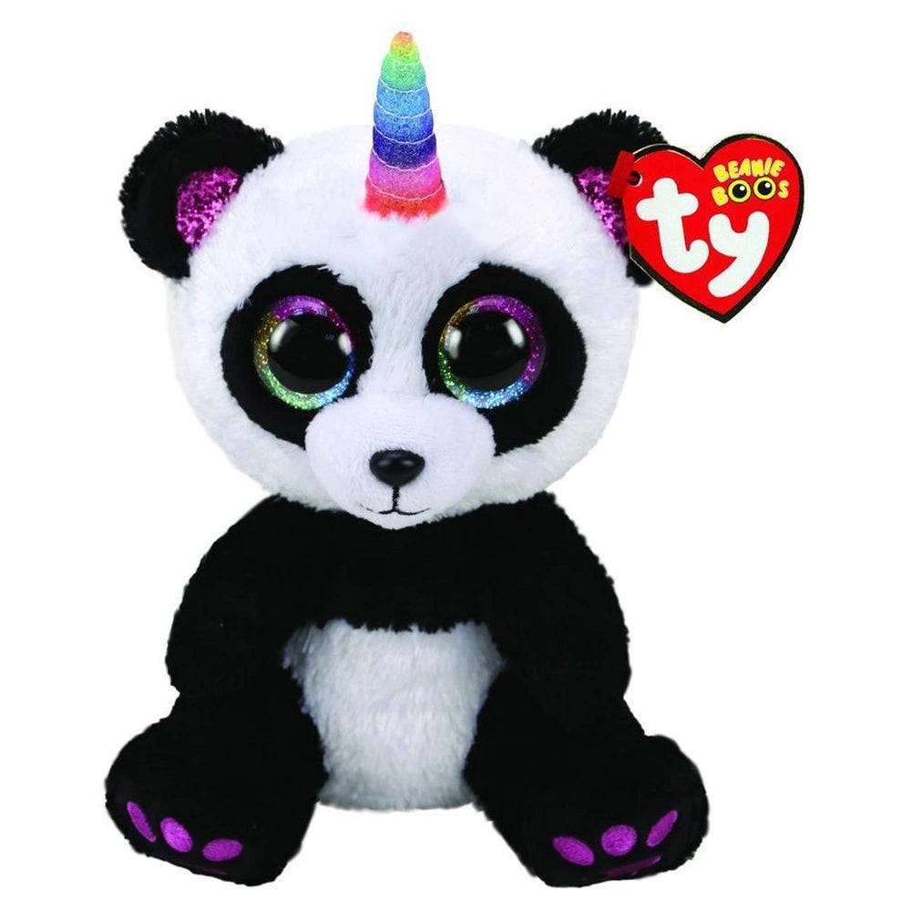 TY Beanie Boos Paris Panda plush toy, featuring black and white fur, a rainbow unicorn horn, and glittery eyes, 15 cm.