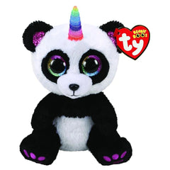 TY Beanie Boos Paris Panda plush toy, featuring black and white fur, a rainbow unicorn horn, and glittery eyes, 15 cm.