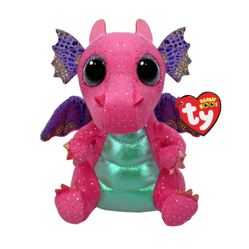 TY Small Spitfire pink dragon plush toy with glittery body, purple wings, and red heart. Perfect for collectors and gifts.