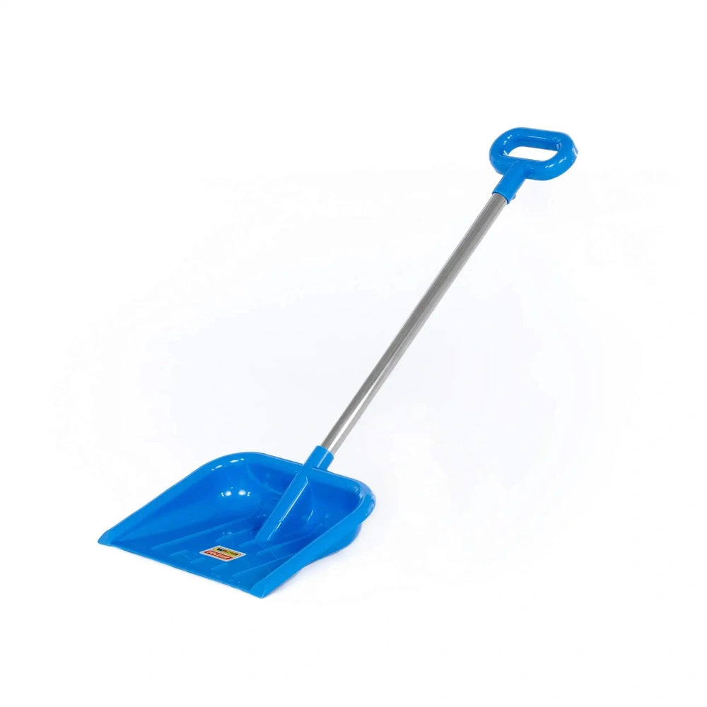 Blue dustpan with a long silver handle, designed for pretend play, positioned upright against a plain white background.