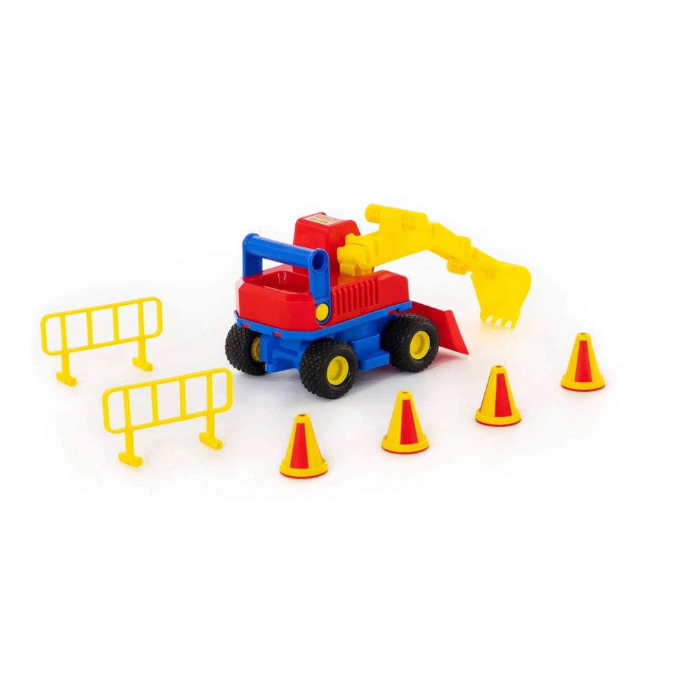 WADER ConsTruck Excavator is a red and blue plastic toy with yellow attachments, set on a light-colored surface with cones.