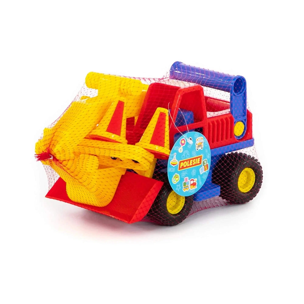 WADER ConsTruck Excavator is a colorful toy construction set featuring red, yellow, and blue plastic components with mesh net