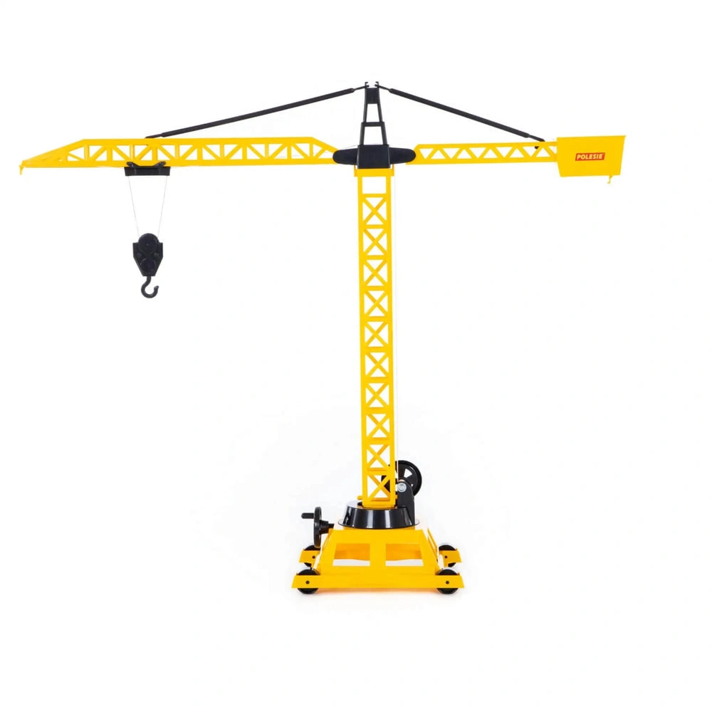 WADER Tower Crane Wheeled Bag features a yellow metal crane with black accents, including a hook, counterweight, and wheels.