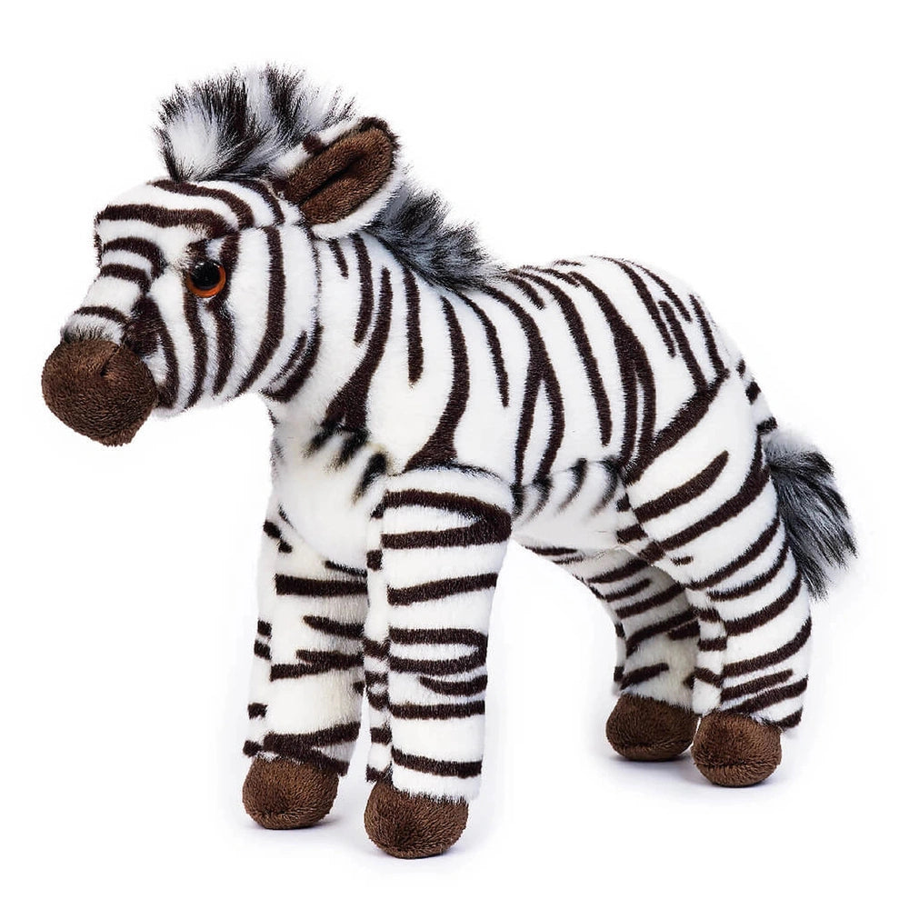Zebra plush toy standing upright with black stripes on a white base against a light background, showcasing its soft fabric.